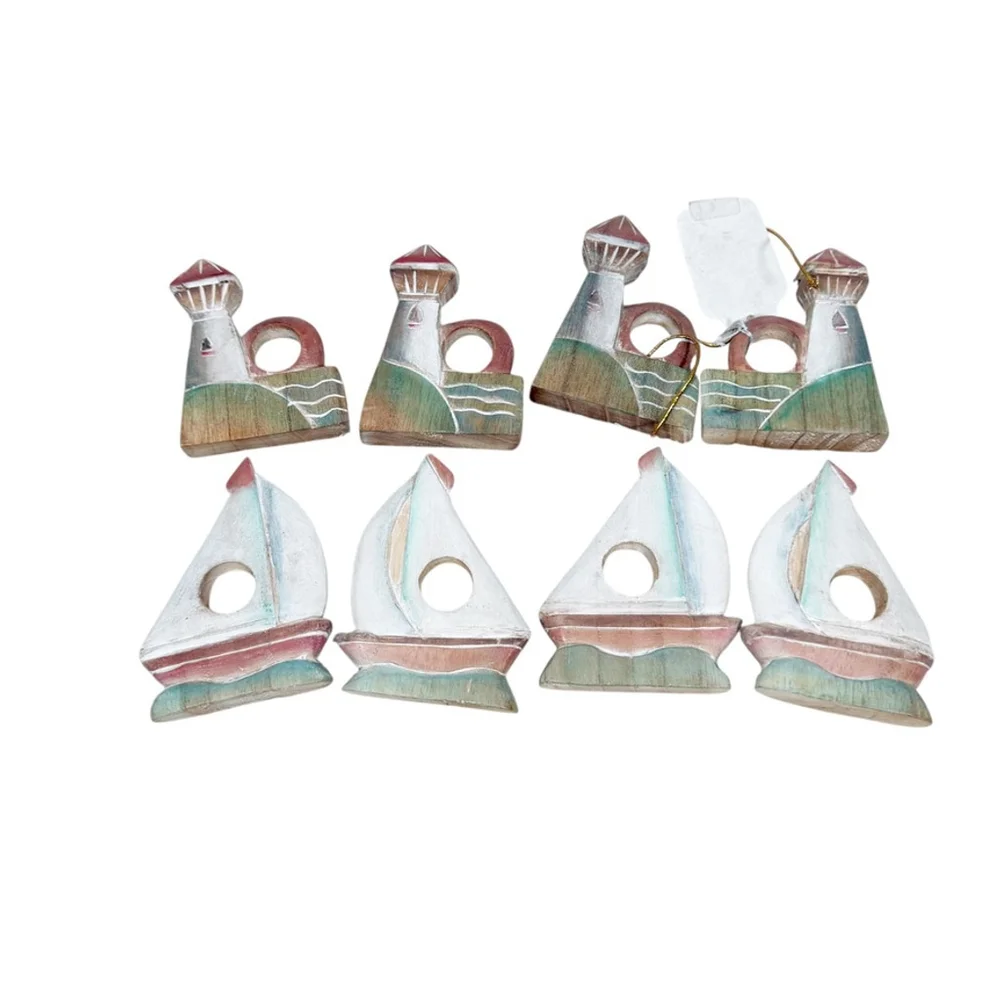 Cottage Nautical 8 Wooden Napkin Rings Sailboat Lighthouse Beach Table Decor